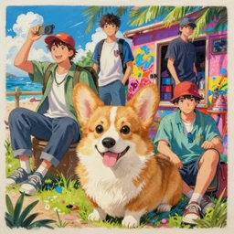 beautiful anime painting of chill corgi summer vacation, by Tim Okamura, Victor Nizovtsev, Greg Rutkowski, Noah Bradley. trending on Artstation, 8k, masterpiece, graffiti paint, fine detail, full of color, intricate detail, golden ratio illustration