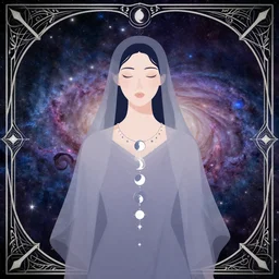 a portrait of a galaxy as an androgynous druid spirit wearing a necklace of moons and stars, draped in transparent cloth, flat colors, occult, minimal, swirly, in the style of warwick goble, decorative art deco border, astrophotography, vast cosmos, digital illustration overlayed on photography, trending on artstation