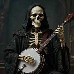 cinematic shot epic portrait skeleton wearing a dark robe playing a banjo, hyper realistic, mood lighting, fantasy, detailed face, highly detailed, super realistic, perfect lighting pixel sorting