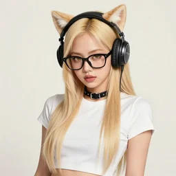 realistic beautiful gorgeous natural cute Blackpink Lalisa Manoban blonde hair cute fur blonde cat ears, wearing crop top shirt outfit, wearing headphones, wearing black leather choker, wearing glack glasses, golden eyes artwork drawn full HD 4K highest quality in artstyle by professional artists WLOP, Taejune Kim, Guweiz, ArtGerm on Artstation Pixiv