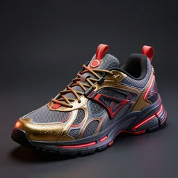 realistic product shot of a cyberpunk sneaker, beautiful studio lighting, soft, sharp focus, neon cyberpunk highlights, intricate detail, gold and red accents, soft rubber, octane render, wide angle, trending on artstation, deviantart, art by syd mead