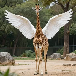 white angel wings on a giraffe's back, full body shot, professional photography, at the zoo