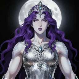 portrait of broad shouldered mighty prophetess of the moon, silver filigree armor and tiara, moon above head, purple wavy hair, translucent skin, wide striking eyes, beautiful! coherent! by brom, by junji ito, strong line, high contrast, muted color