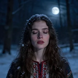 beautiful woman with her eyes closed, close - up face, walking in the forest at night. full moon. folk horror. hyper detailed. socialist realism. snow. winter