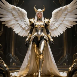 tall, fighter wearing white dove wings, warframe armor, regal, attractive, ornate, sultry, scifi platform, 4 k, ultra realistic, epic lighting, illuminated, cinematic, black gold, art by akihito tsukushi, voidstar