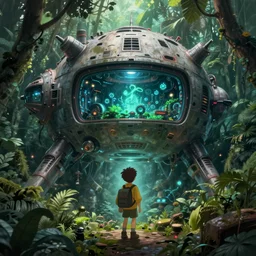 a curious explorer discovers a massive abandoned alien spaceship deep in the jungle. mysterious bioluminescent light is emitted from deep inside the ship. concept art by hayao miyazaki, neil blevins, jorge jacinto, stephan martiniere. trending on behance. matte painting, detailed, 4 k, behance contest winner