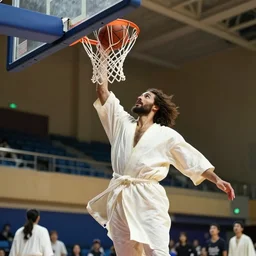 Jesus wearing robes dunks a ball in the net while in a basketball court, hd