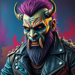 highly detailed oil painting of an apocalyptic orcish biker character by ed repka, vibrant psychedelic colors, punk rock fashion, studded leather jacket, face tattoos, 8 k