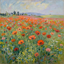 a realistic painting of a field with poppies by Claude Monet