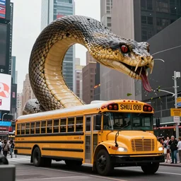giant snake eats yellow school bus, bus swallowed by giant snake, time square, cinematic, dramatic, film still