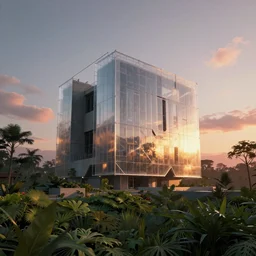 simple brutalist architecture, surrounded by lush green vegetation, stunning volumetric lighting, sunset, metal, concrete, translucent material, stunning skies, 8k, photorealistic, hyper detailed, unreal engine 5, IMAX quality, cinematic, epic lighting, digital painting in the style of DOOM, by Greg Rutkowski, trending on Artstation
