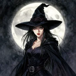 portrait, female dark Witch in front of the full big moon, watercolor, dramatic lighting, cinematic, establishing shot, extremely high detail, foto realistic, cinematic lighting, pen and ink, intricate line drawings, by Yoshitaka Amano, Ruan Jia, Kentaro Miura, Artgerm, post processed, concept art, artstation, matte painting, style by eddie mendoza, raphael lacoste, alex ross