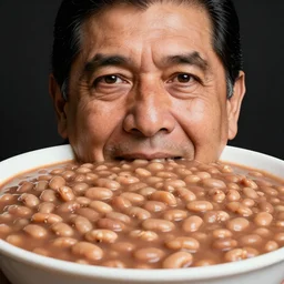 A close-up, studio photographic photograph of an Mexican dad\'s face emerging from giant bowl of refried beans.