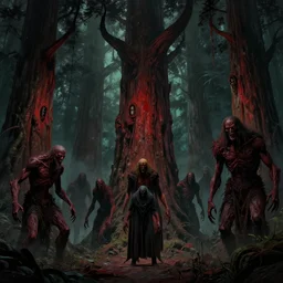 an army of vengeful redwood tree monsters, evil, creepy, matte painting, dark fantasy, by frank franzzeta, leonardo da vinci, concetp art, vaporwave