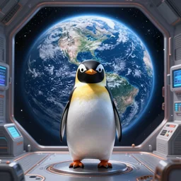 magical penguin in a space station looking at the earth , realistic cinematic, volumetric lighting, centered, symmetrical, sharp focus, digital painting, mystical art, smooth, trending on Artstation, 4k
