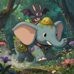 a post apocalyptic 8 0's flying robot elephant, ridden by a cute bunny bat, covered by nature hippy psychedelic vibes by studio ghibli, cartoon network, animation, sharp, rendered in unreal engine 5, focused, anime key art by greg rutkowski, bloom, dramatic lighting