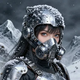 portrait of video game momiji ninja girl, metalic frost cyber ninja respirator, stormy snowy fiji mountain, armored, highly detailed, digital painting, face detail, sharp focus, art, illustrations by loish and ayanamikodon and irakli nadar and rossdraws and wlop