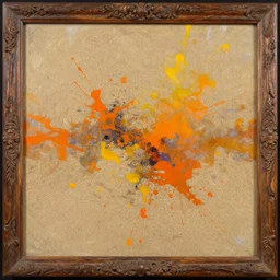 abstract oil painting mixed with sand in old carved wood with orange and yellow ink splatters ( ( ( ( ( ( ( informalism ) ) ) ) ) / complementary color scheme, daguerreotype, glitch art, great volume and textures with very strong brush strokes, highly detailed, intrincate, fantasy, elegant / octane, lumen unreal 5