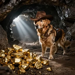 a golden retriever in a dark gold mine wearing a wild west jacket and wearing a western hat and finding piles of gold nuggets, covered in soot, moody lighting, light rays coming from tunnel entrance, stylized photo