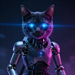 Synthwave cat with cybernetic limbs and laser eyes. Cyberpunk, dark, 8k resolution, Cosmic.