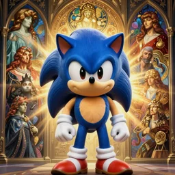realistic detailed portrait of classic Sonic the Hedgehog by Mark Brooks, Amano, Alphonse Mucha, Beeple, greg rutkowski, wlop, Jeffery Smith, Pagan, Neo-Gothic, gothic, Sonic