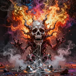 beautiful intricately detailed unsettling terrifying objects that make me feel scared made of liquid mercury and exploding liquid nitrogen, in a vibrant fine detailed modern fine art style by Marc Quinn and Damien Hirst with bright huge fireball explosions of colourful red and gold flame and holi powder