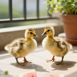 two goslings eat watermelon on a sunlit balcony
