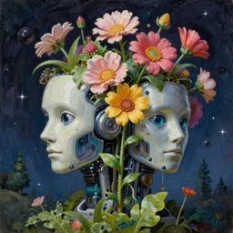 a highly detailed painting by Thomas Cole of a vaporwave alternative reality mirror, robot head with flowers growing out, highly detailed 3d rendering from 1996