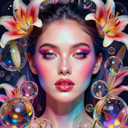 glamor portrait face symmetry, evangeline lily, surrounded reflective glass bubbles ( ( ( colorful blurred ) ) ), intricate detailed photorealistic by mark brooks, hannah yata, helene knoop, artgerm, charlie bowater, mandy jurgens and alex ross, bold colors, artstation, 8 k hdr luminescent coherent elegant