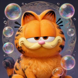 portrait of garfield, dreamy and ethereal, fantasy, intricate, elegant, rainbow bubbles, highly detailed, digital painting, artstation, concept art, smooth, sharp focus, illustration, art by artgerm and greg rutkowski and alphonse mucha