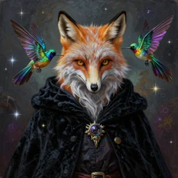 a realistic blacklight black velvet painting of an avatar of an awesome foxfolk mage with a fox skull face, hummingbird feathers for fur, themed around death and astronomy, in the style of dnd beyond avatar portraits, beautiful, artistic, elegant, lens flare, magical, lens flare, nature, realism, stylized, art by jeff easley