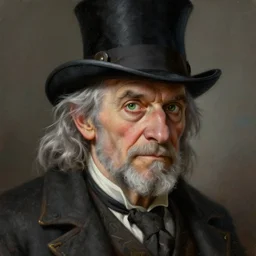 a grey hair old halfling green eyes with stubble top hat and suit by Greg Rutkowski, painting, portrait, HD, high details, trending on artstation