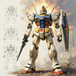 detailed full body character and blueprint of a concept art schematic of a large trapezoid gundam mecha robot with kingdom of jerusalem flags on its arms