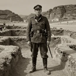 ultra detailed photorealistic sepia - toned photograph from 1 9 1 7, a british officer in field gear standing at an archaeological dig site in wadi rum, ultra realistic, painted, intricate details, lovecraft, atmospheric, dark, horror, brooding, highly detailed, by angus mcbride