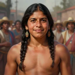 epic portrait of muscular rigoberta menchu explaining, guatemla, crowd for background, detailed, digital painting, artstation, concept art, donato giancola, joseph christian leyendecker, wlop, boris vallejo, breathtaking, high details, extremely detailed, friendly face, establishing shot, artistic, hyper realistic, beautiful face, octane render