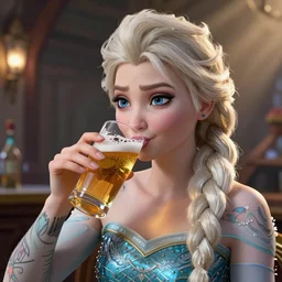 highly detailed closeup portrait of a tattooed princess elsa drinking beer, unreal engine, nicoletta ceccoli, mark ryden, lostfish, earl norem, global illumination, god rays, detailed and intricate environment