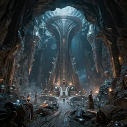 discovery of a highly advanced underground civilization made of metal with minimal lighting in the style of thomas cole, cinematic lighting, raytracing, 8 k, octane render, volumetric, vivid, beautiful, hyperrealism