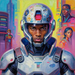 anime manga cyberpunk handsome nigerian male athletic gundam pilot portrait with an intricate futuristic urban inspired helmet, hyperrealistic oil painting, by makoto shinkai and ilya kuvshinov and lois van baarle and rossdraws and basquiat, trending on artstation, cmyk, chromatic aberration, bright neon color palette, symmetrical features