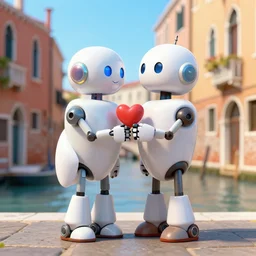 Two robots who fall in love in Venice, 3d render