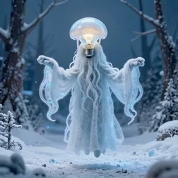 humanoid ethereal ghostly live action muppet wraith like figure with a lightbulb jellyfish head with two very long tentacles for arms that flow gracefully at its sides while it floats around the frozen tundra searching for lost souls and that hide in the shadows in the trees, this character can control the ice, snow, shadows, and electricity, it is a real muppet by sesame street, photo realistic, real, realistic, felt, stopmotion, photography, sesame street