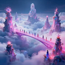 delicate ethereal bridge over clouded neon magical mountaintops, highly detailed, cinematic, synthwave, tim white, vladimir kush, chris foss, roger dean, philippe druillet, michael whelan, lisa frank, bob eggleton, alfred kelsner, kubrick