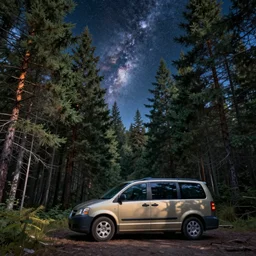 psychedelic, trippy, dodge grand caravan, pine forest, milky way, cartoon by rob gonsalves