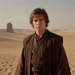 film still of young alec guiness as a jedi in new star wars movie, dramatic lighting, highley detailled face, kodak film, wide angle shot, desert landscape