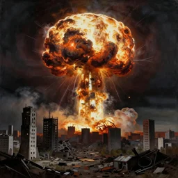 a city being destroyed, annihilated, by a nuclear explosion that looks like a rising sun, painted by zdzislaw beksinski, melancholy