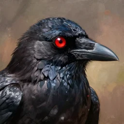 ominous dark crow with glowing red surveillance camera lens for an eye (detailed realistic painting) (composition) (wakfu colors) (closeup)