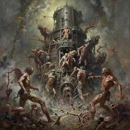 oil paint of flayed god machines in tiers, action crash, battling geocracking, fungal pit, trash patina sheen, gangrene gods, by basil wolverton, alberto bontempi, alex ross, shigeru komatsuzaki, wayne d barlowe, stefano tamburini, narrative light, muted colors, epic, hyper detailed, awe inspiring, award winning horror,