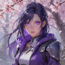 an epic fantastic realism comic book style portrait painting of a purple - eyed girl, cherry blossom rain everywhere, apex legends,
