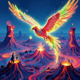 mythical bird over infinite fractal volcanoes, bright neon colors, highly detailed, cinematic, eyvind earle, tim white, philippe druillet, roger dean, lisa frank, aubrey beardsley, hiroo isono