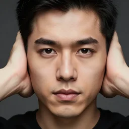 man holding his hands over his ears, photorealistic, lifelike, OLED, DSLR HDR 8k, face is the focus, facial feature symmetry, hyper composed, deviantart,