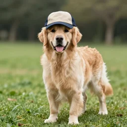 Golden retriever wearing a caps